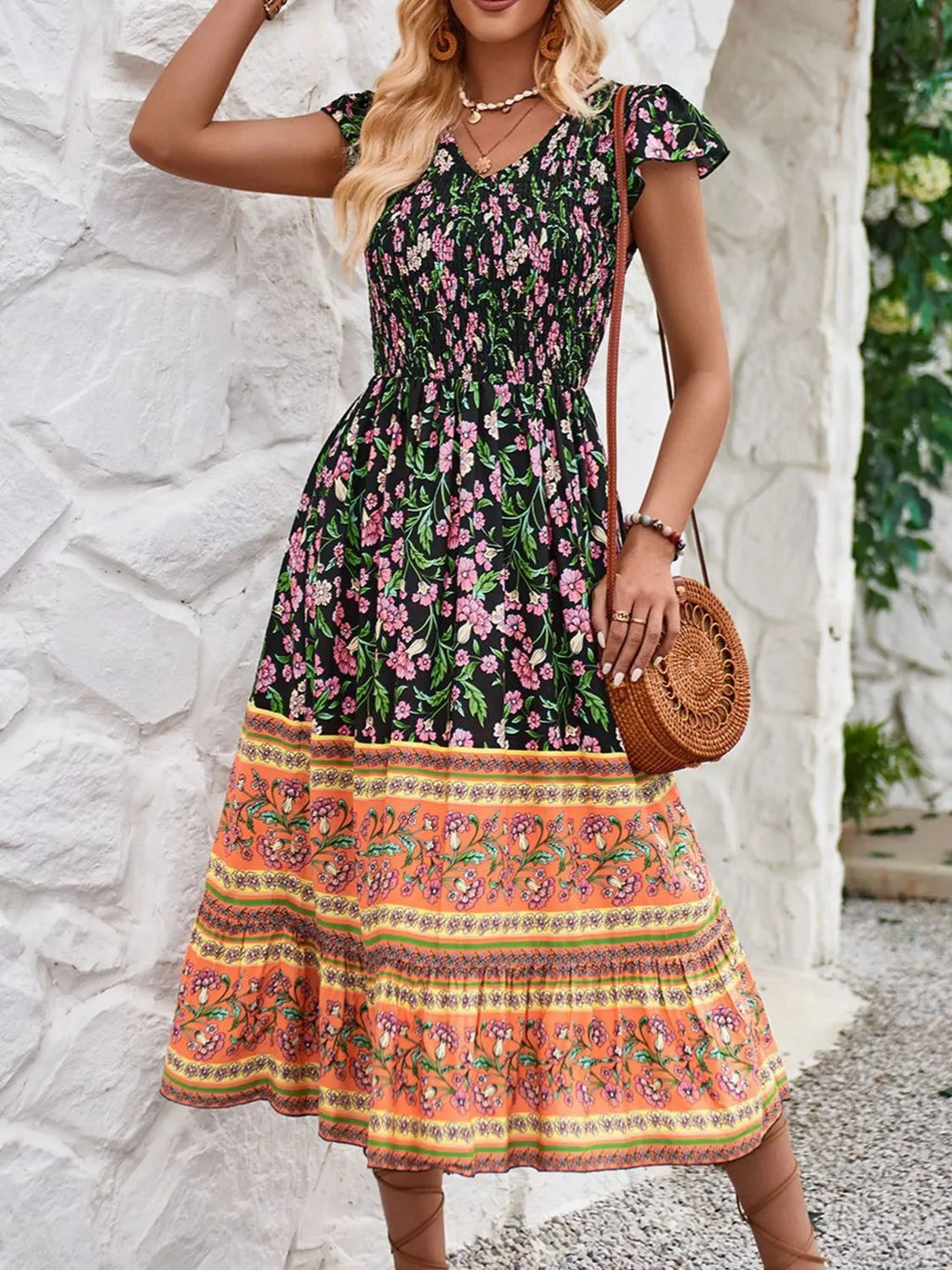 Printed Round Neck Cap Sleeve Dress (13)