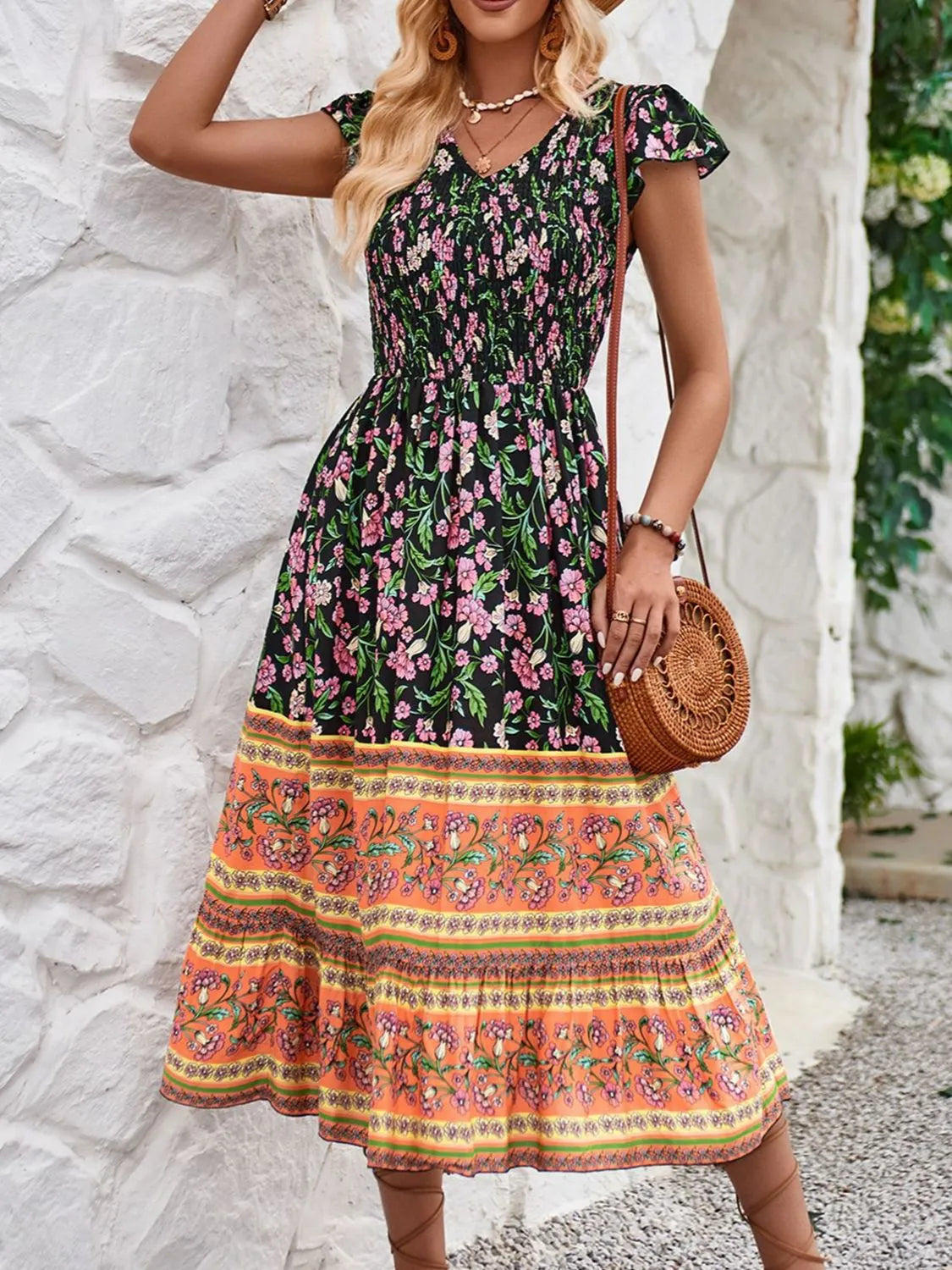 Printed Round Neck Cap Sleeve Dress (13)