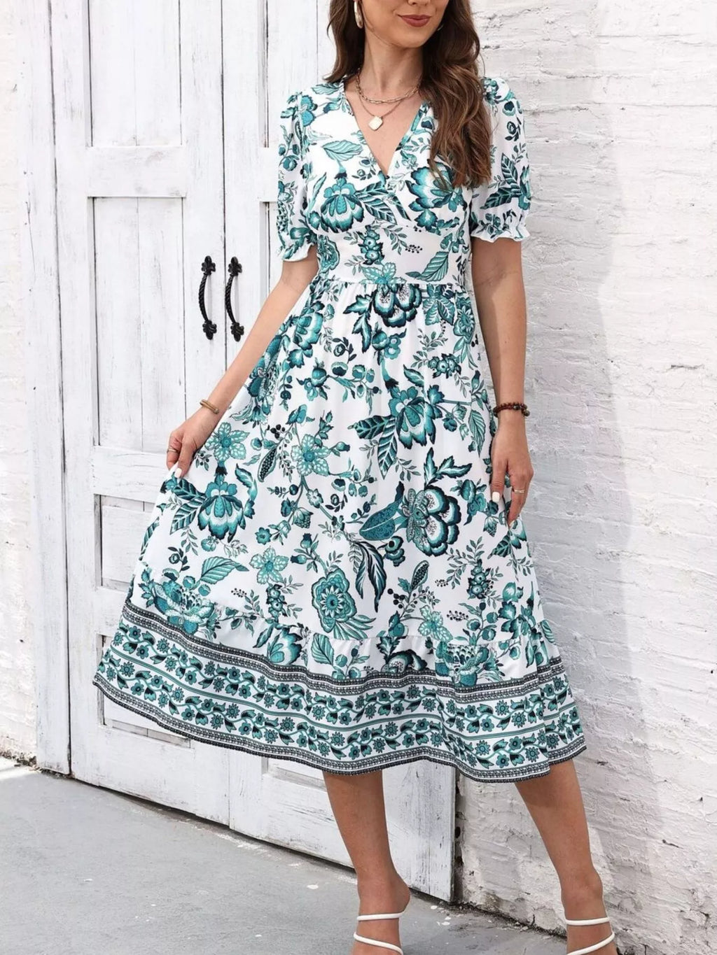 Floral Print Puff Sleeve Wrap Midi Dress (9)