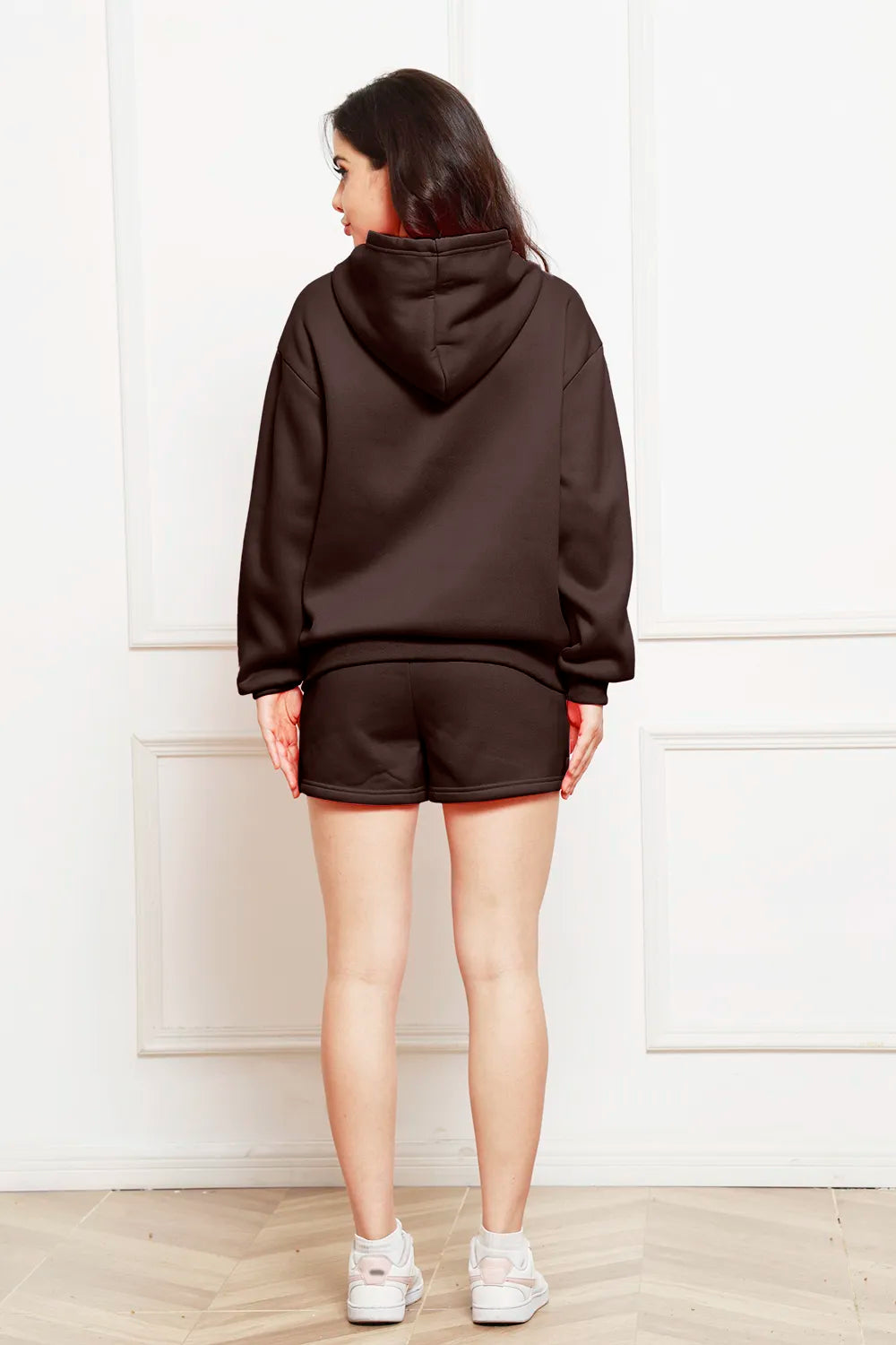 Drop Shoulder Long Sleeve Hoodie Shorts Set (9)