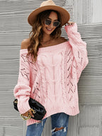 Cable Knit Openwork Off-shoulder Sweater (5)