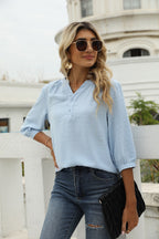 Swiss Dot Notched Neck Three-quarter Sleeve Blouse (7)