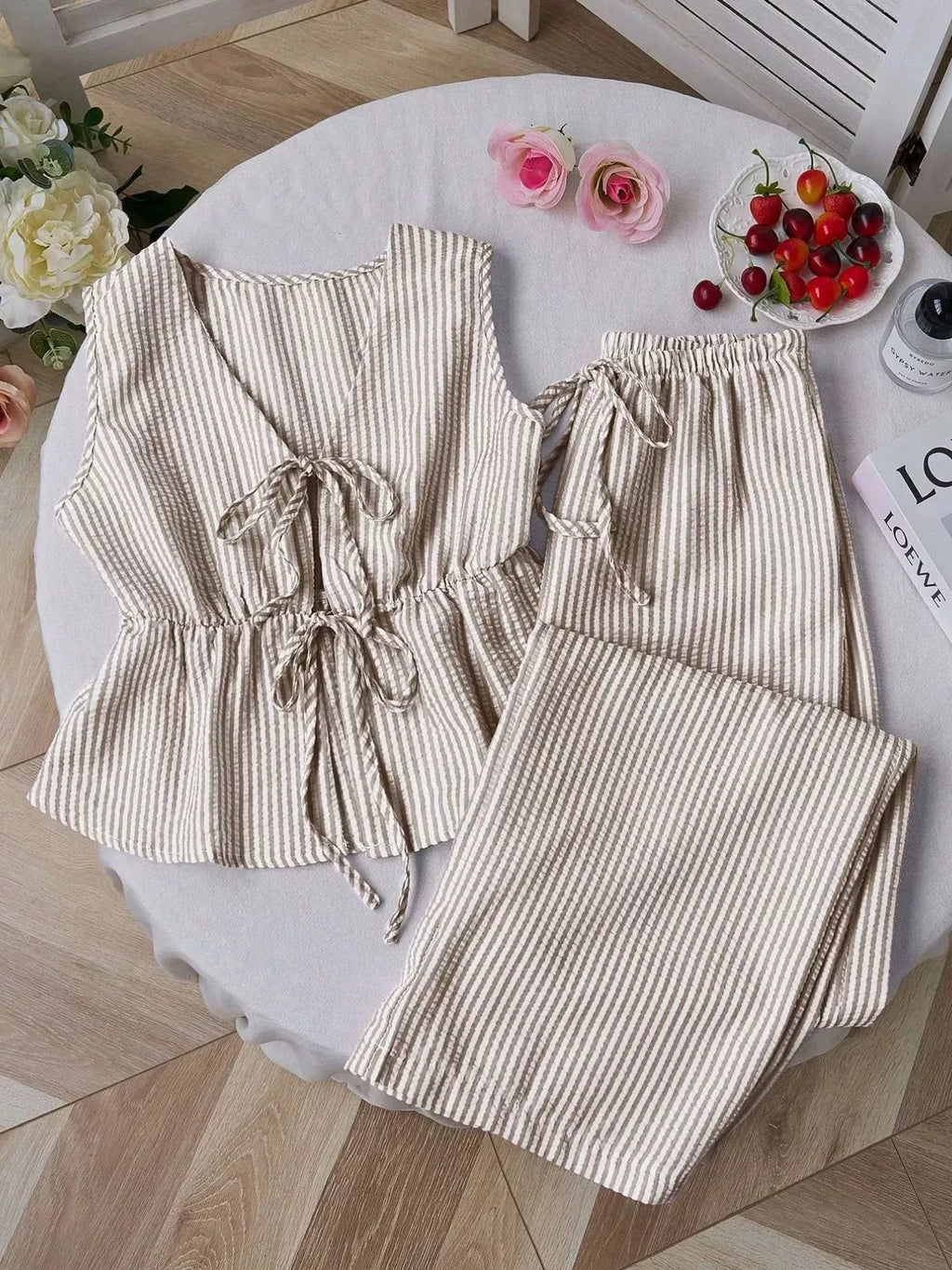 Striped Tie-front Sleeveless Top Pants Set (5)