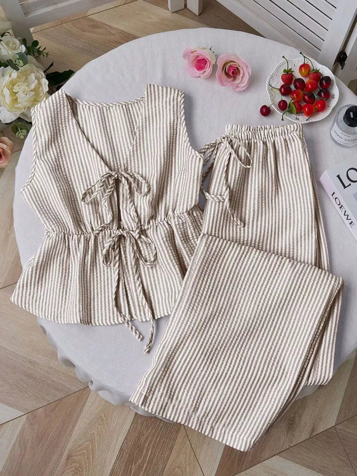 Striped Tie-front Sleeveless Top Pants Set (5)