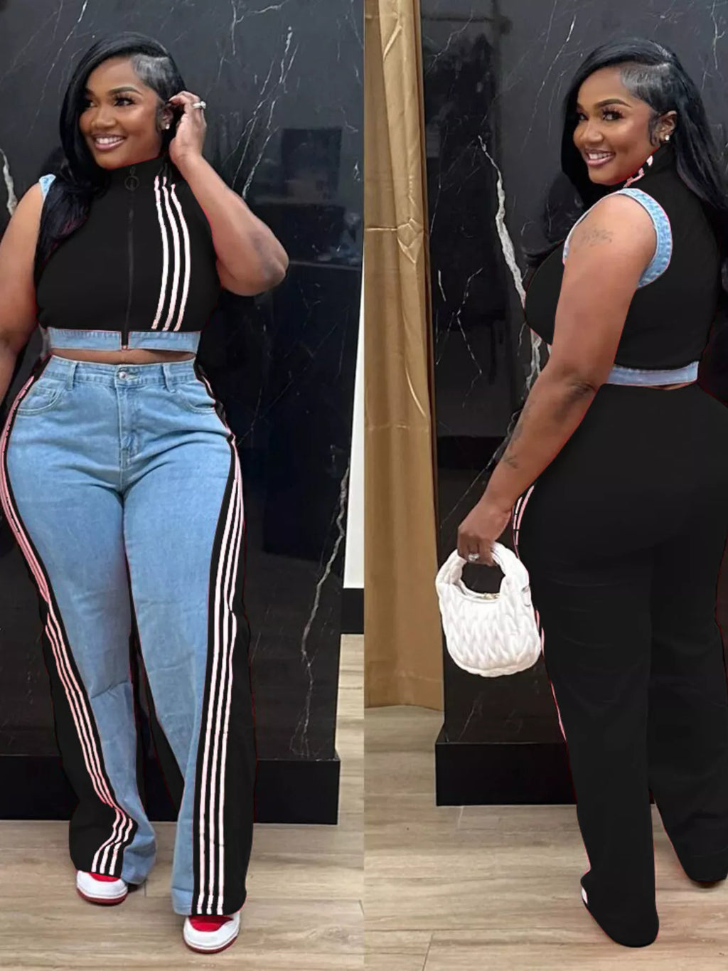 Zip Front Crop Top Striped Pants Set (17)