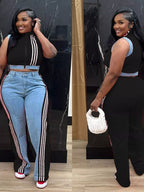 Zip Front Crop Top Striped Pants Set (17)