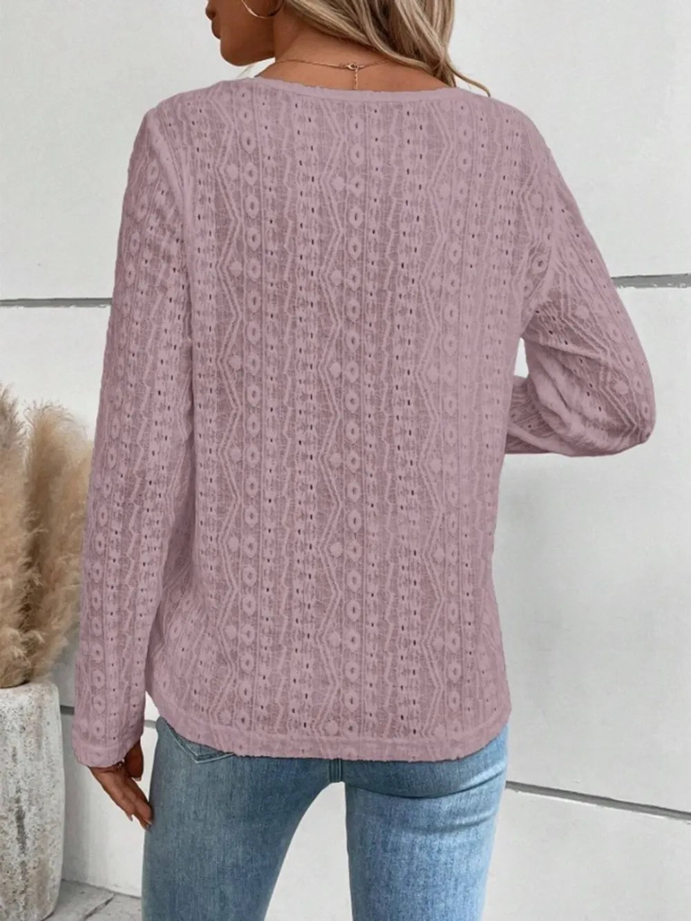 Openwork Half Button Long Sleeve Blouse (15)