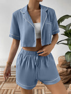 Contrast Lapel Collar Cropped Shirt Shorts Lounge Set (3)