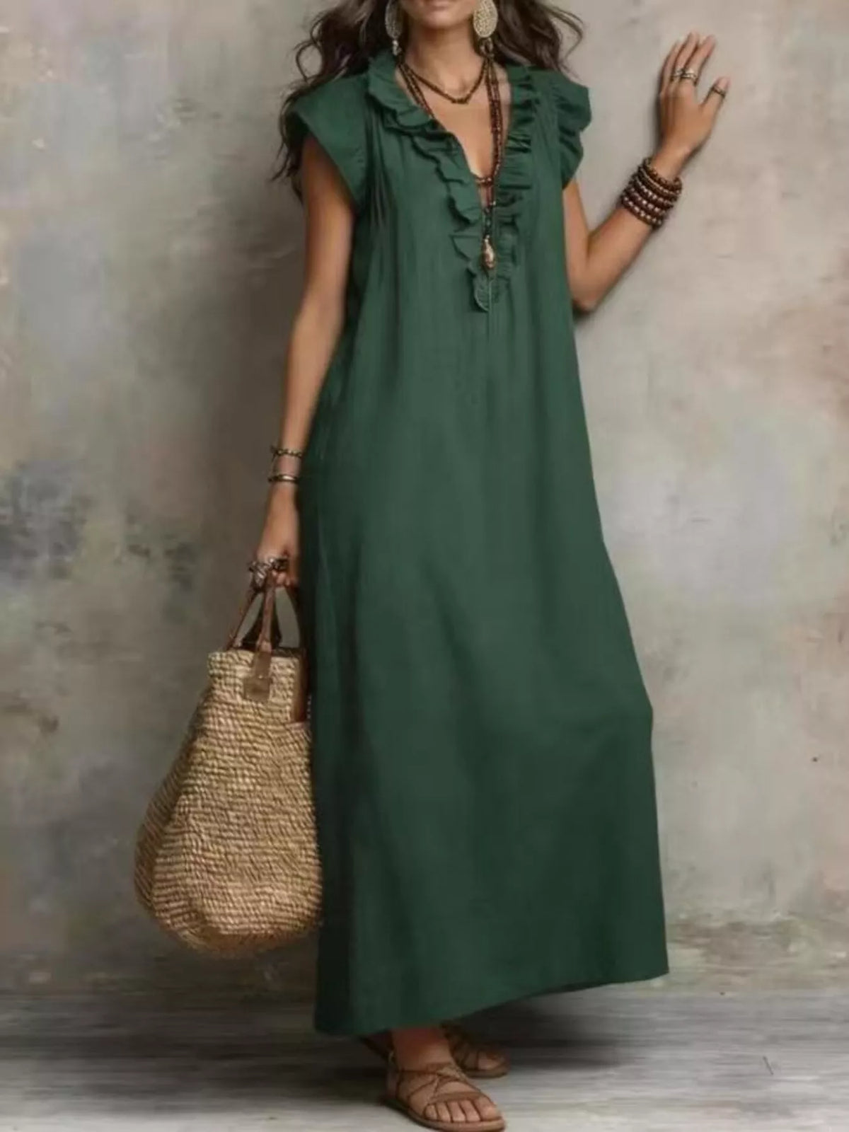 Full Size Bohemian Ruffle Neck Maxi Dress Plus (4)