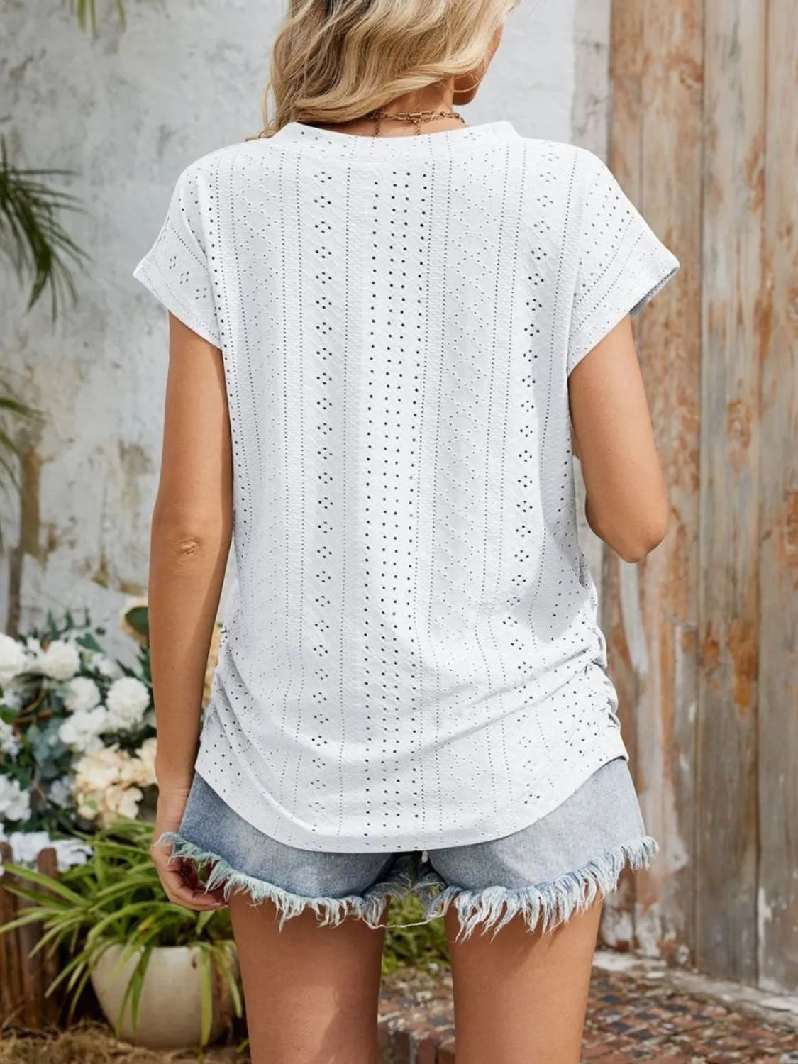 Eyelet V-neck Short Sleeve Top (20)