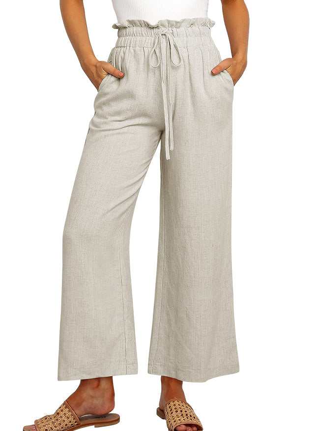 Elastic Waistband Lace-up Wide Leg Pants Solid Color Cropped (16)