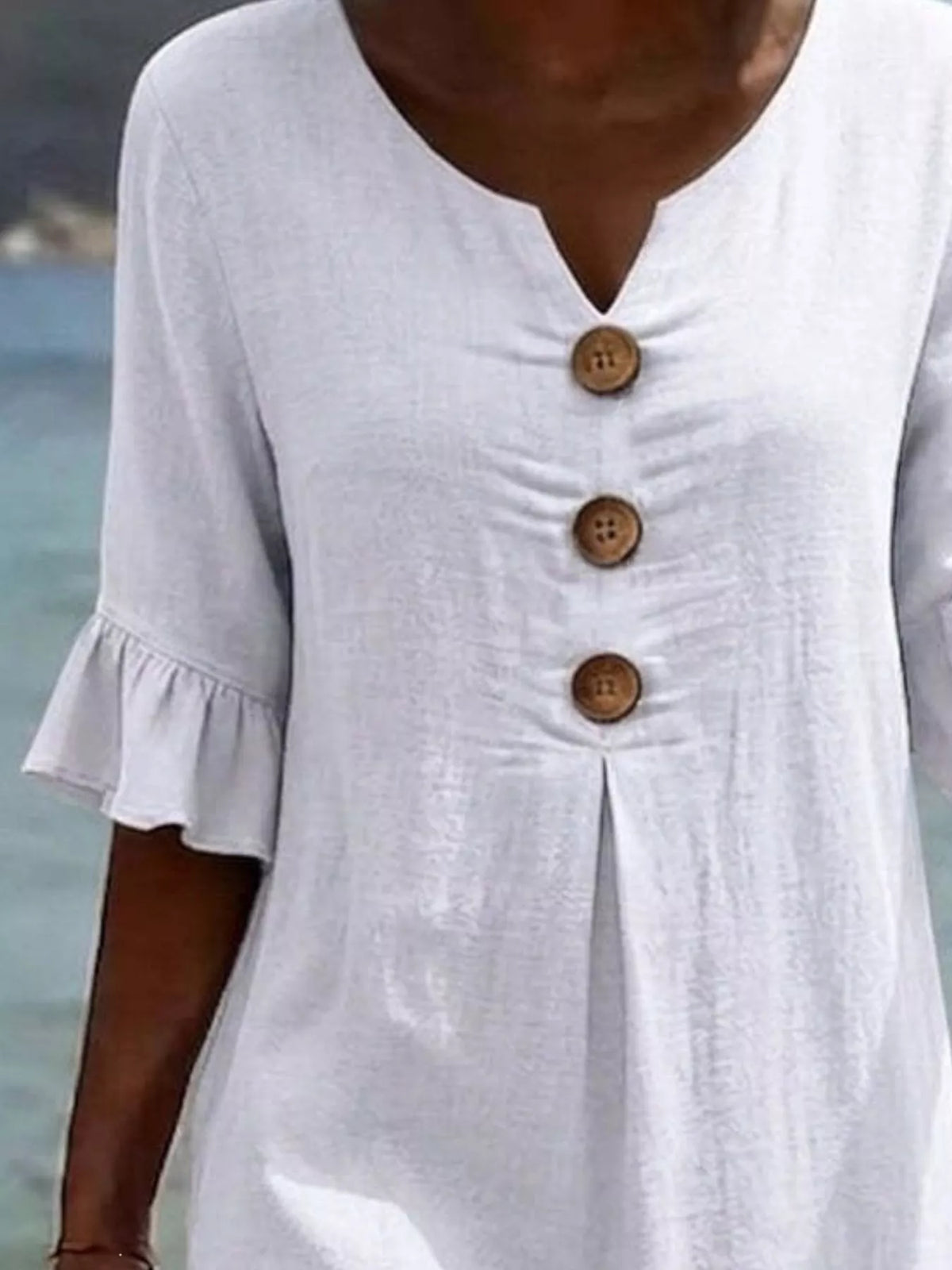 Full Size Button Decor Ruffle Sleeve Midi Dress Plus (2)