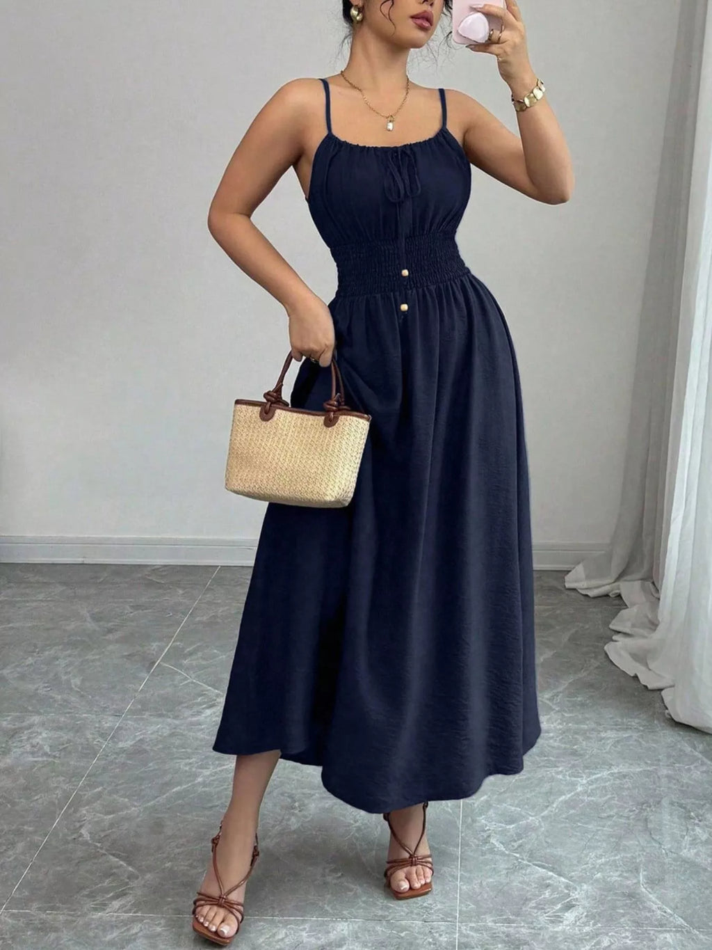 Smocked Spaghetti Strap Midi Dress (14)