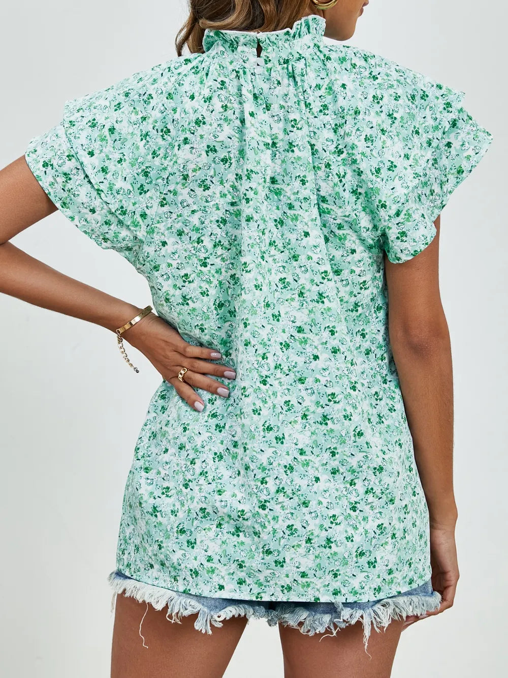 Ditsy Floral Mock Neck Flounce Sleeve Blouse (14)