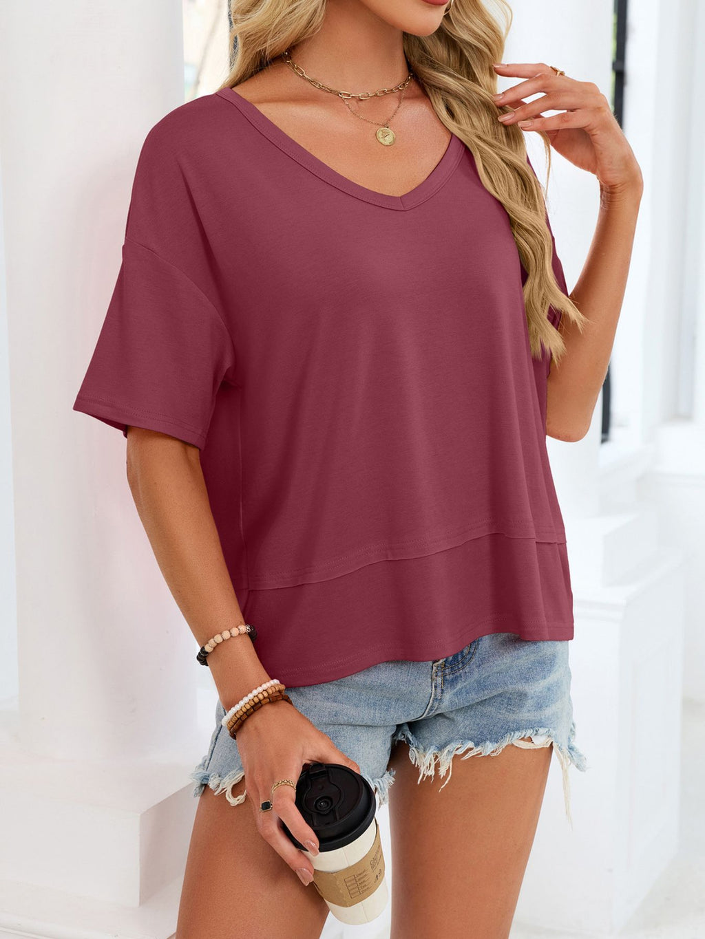 V-neck Relaxed Fit Solid Color T-shirt (23)