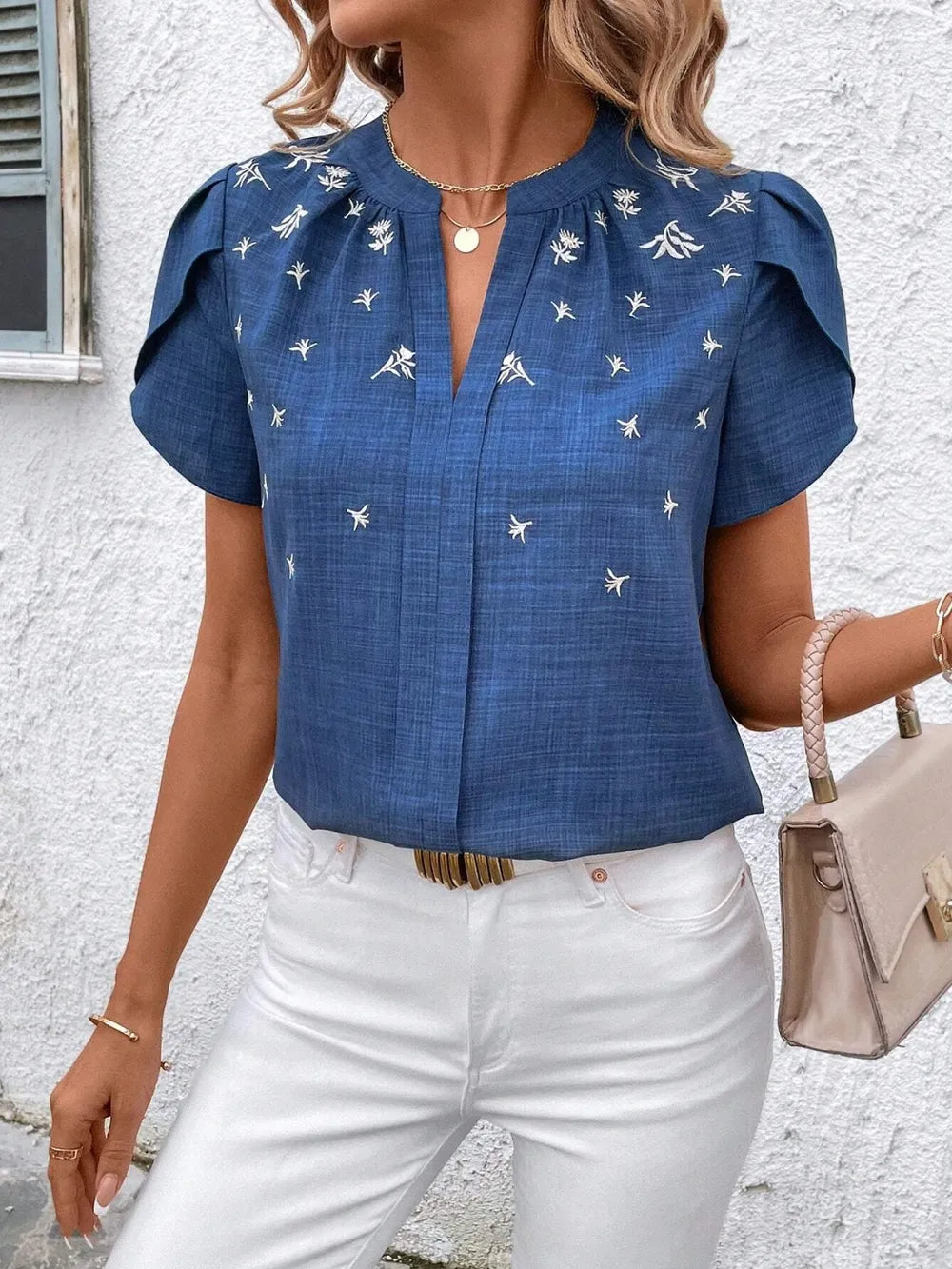 Floral Notched Short Sleeve Blouse (11)