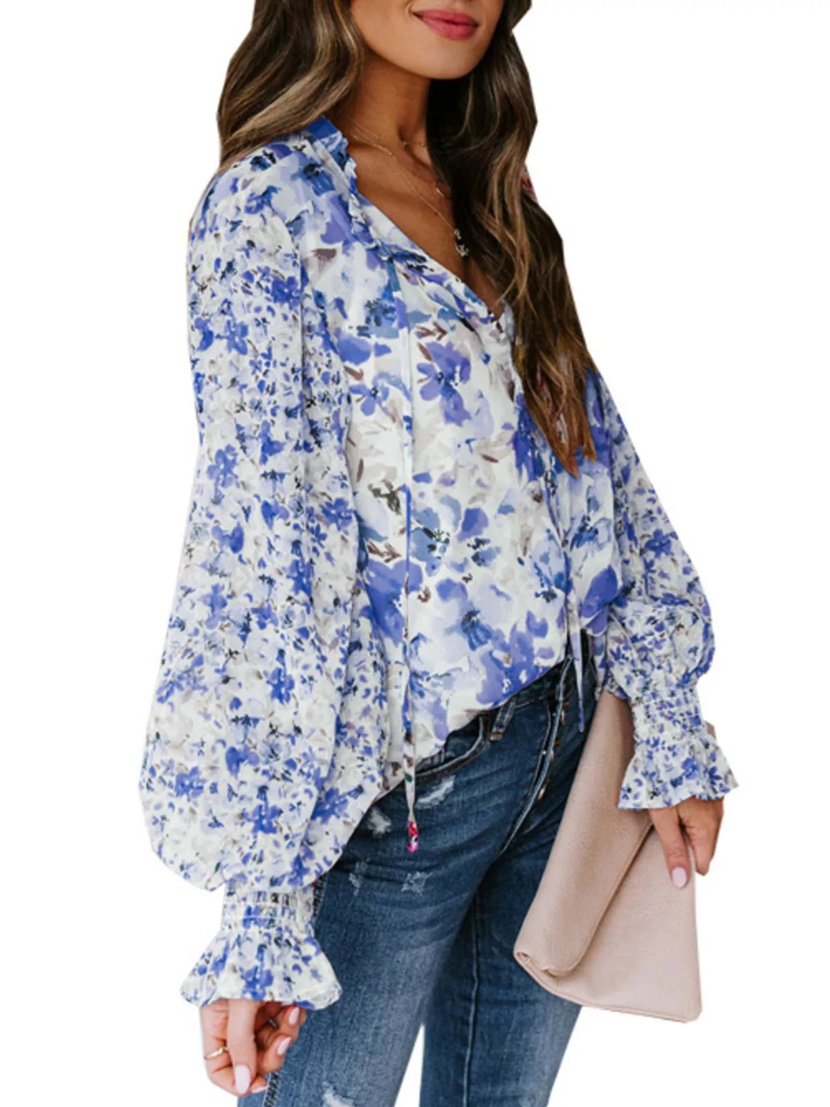 Full Size Floral Print Smocked Cuff Blouse Plus (8)