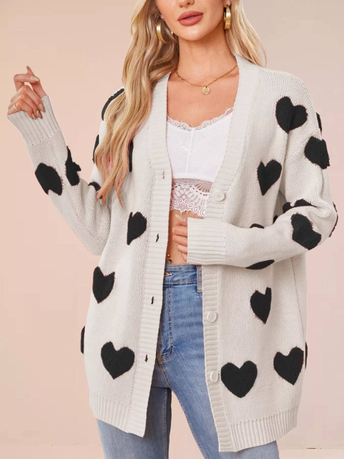 Heart Pattern Knit Button-up Cardigan (18)
