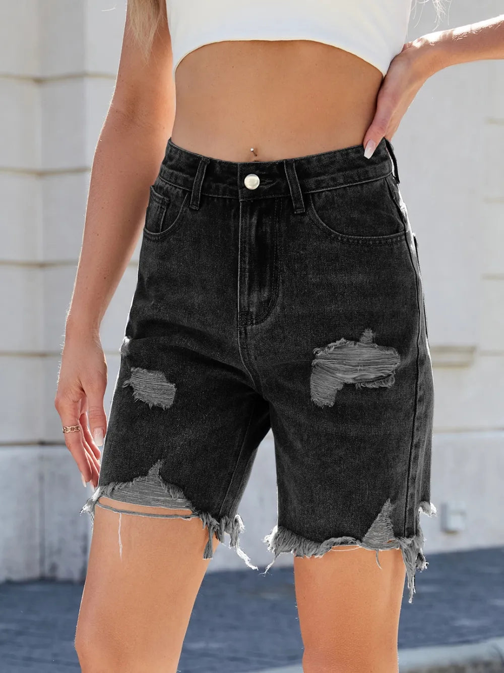Distressed Raw Hem Denim Shorts (10)