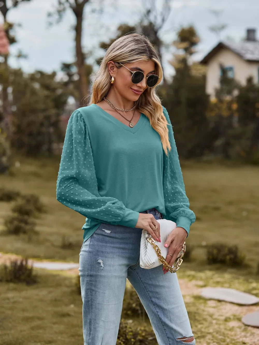 Swiss Dot V-neck Long Sleeve Blouse (11)