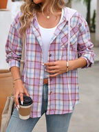Plaid Button-up Hooded Shirt Chest Pocket (4)