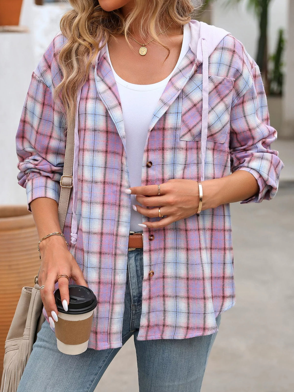 Plaid Button-up Hooded Shirt Chest Pocket (4)