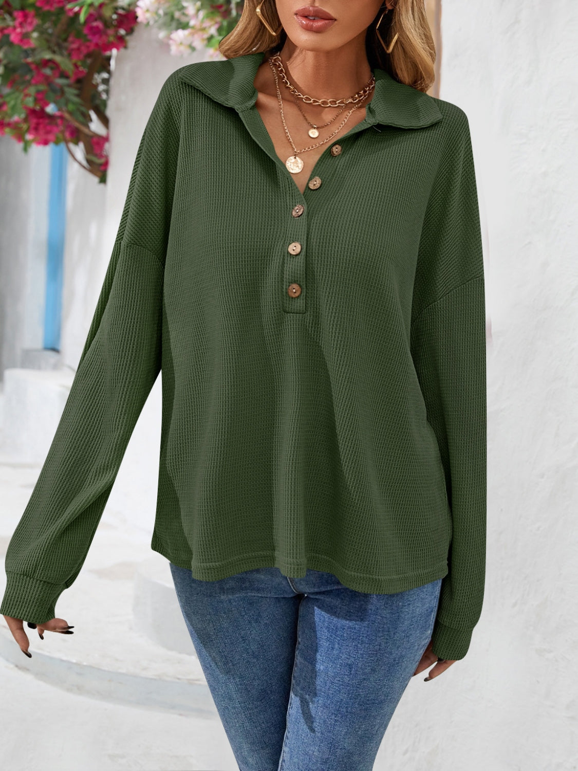 Half Button Collared Neck Long Sleeve Top (8)