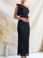 One-shoulder Floral Trim Sleeveless Maxi Dress (6)