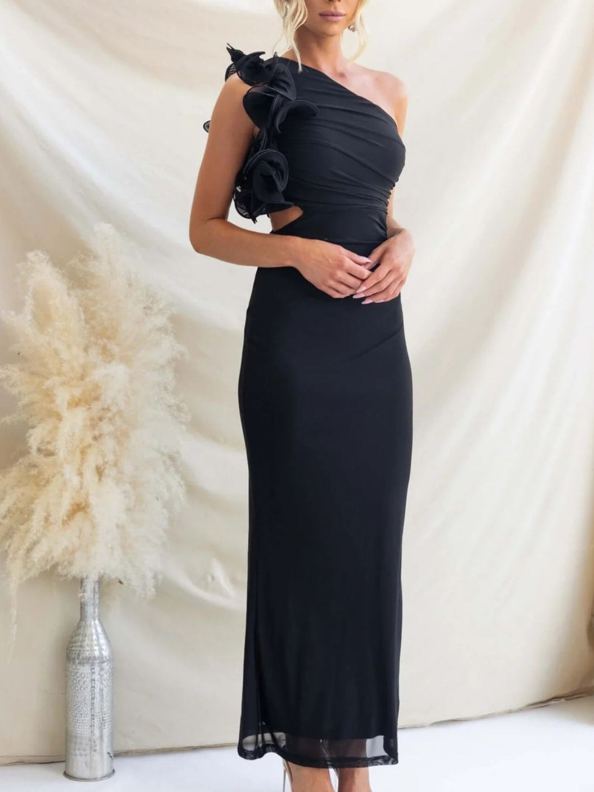 One-shoulder Floral Trim Sleeveless Maxi Dress (6)