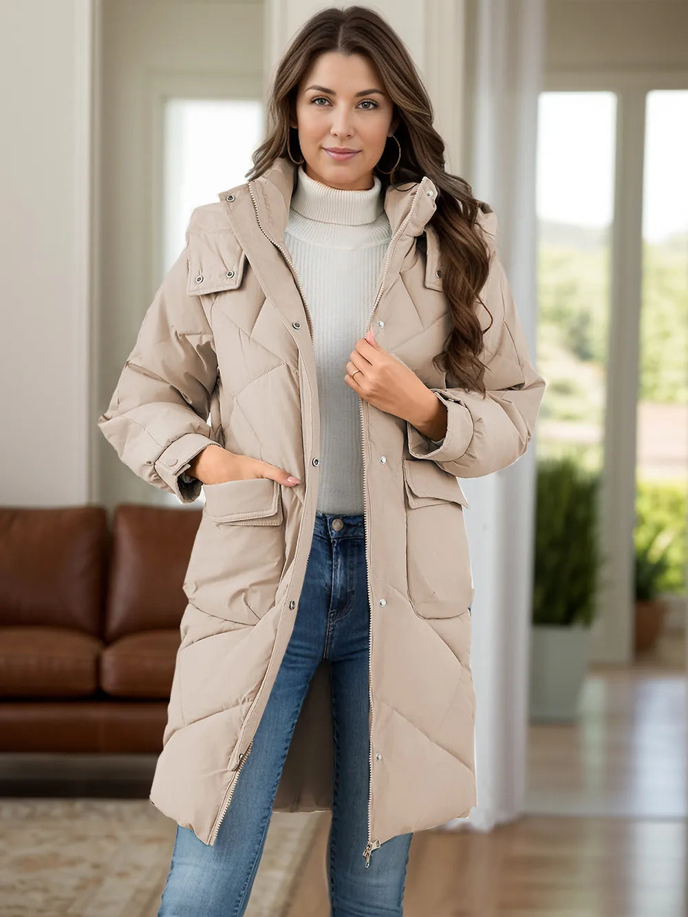Long Sleeve Longline Hooded Winter Coat Pockets (6)