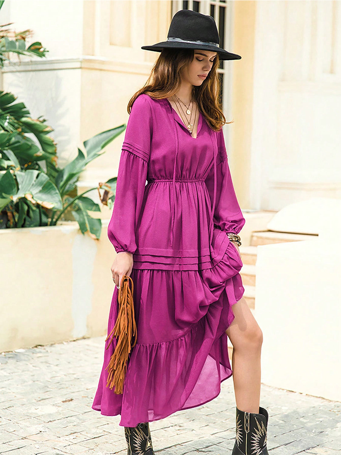 Tie Neck Long Sleeve Midi Tiered Dress (6)