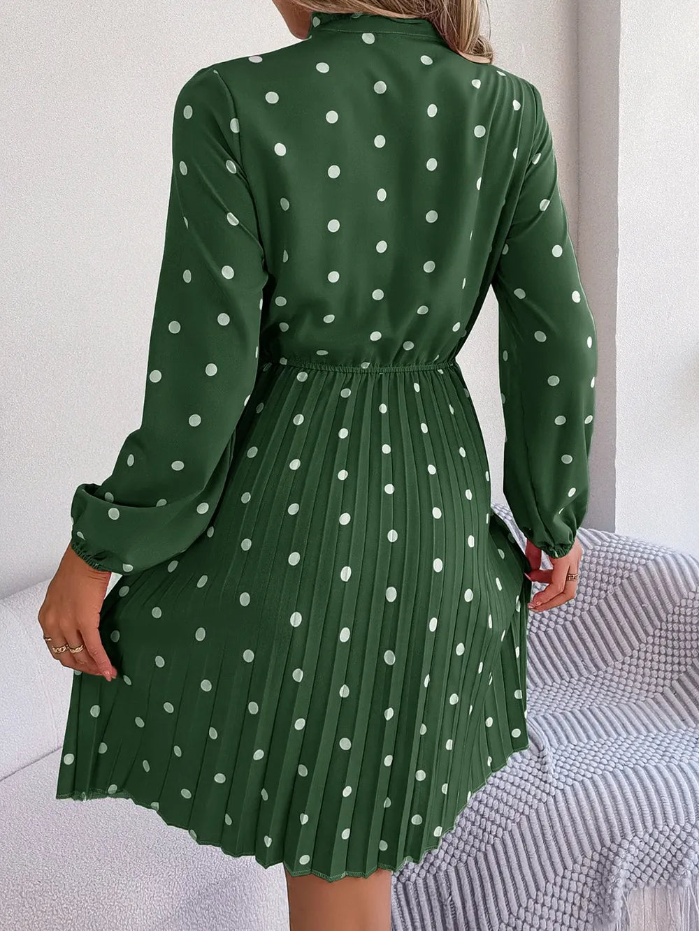 Polka Dot Tie Neck Pleated Dress (20)