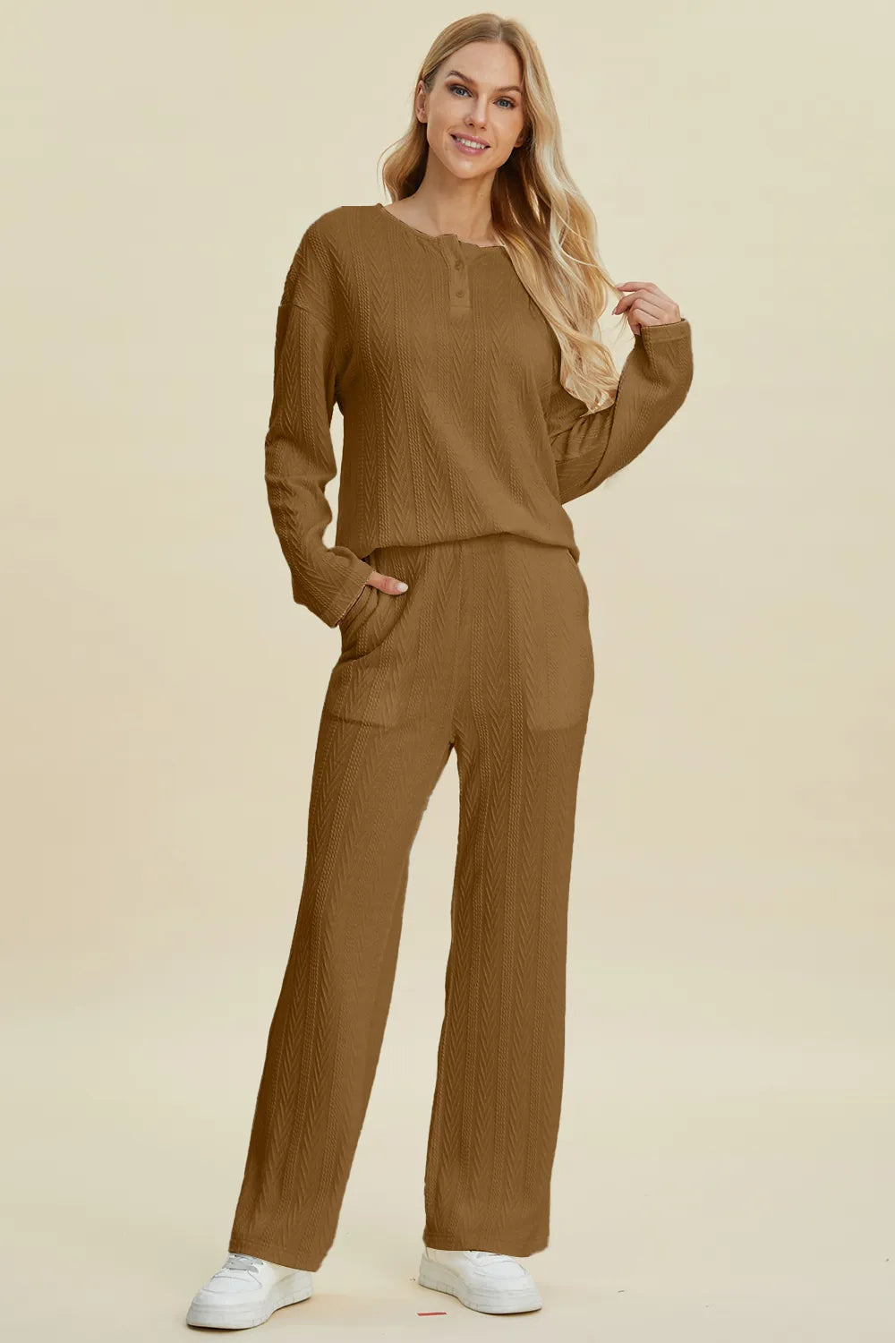Full Size Cable-knit Long Sleeve Top Pants Set (10)