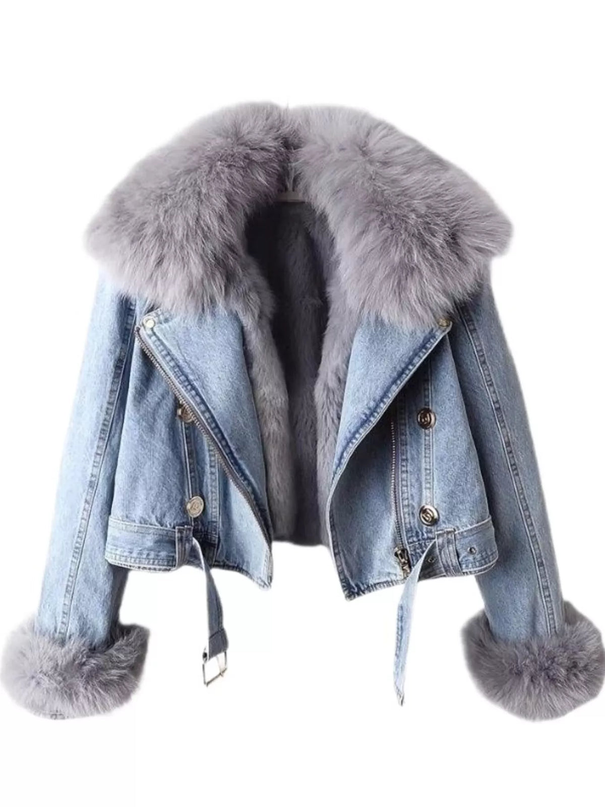 Full Size Faux Fur Collar Denim Jacket Plus