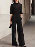 Mock Neck Puff Sleeve Top Wide Leg Pants Set