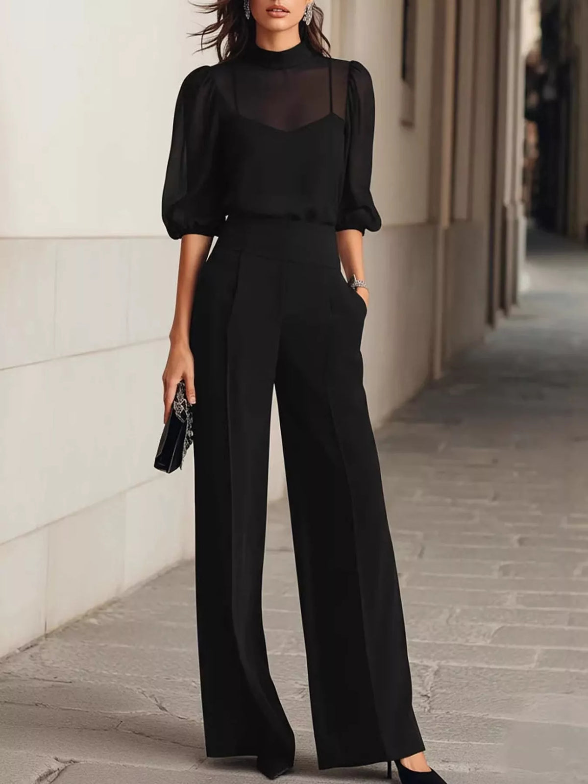 Mock Neck Puff Sleeve Top Wide Leg Pants Set