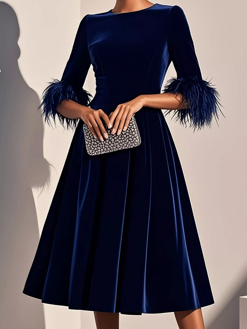 Velvet Midi Dress Feather Cuffs