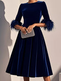 Velvet Midi Dress Feather Cuffs