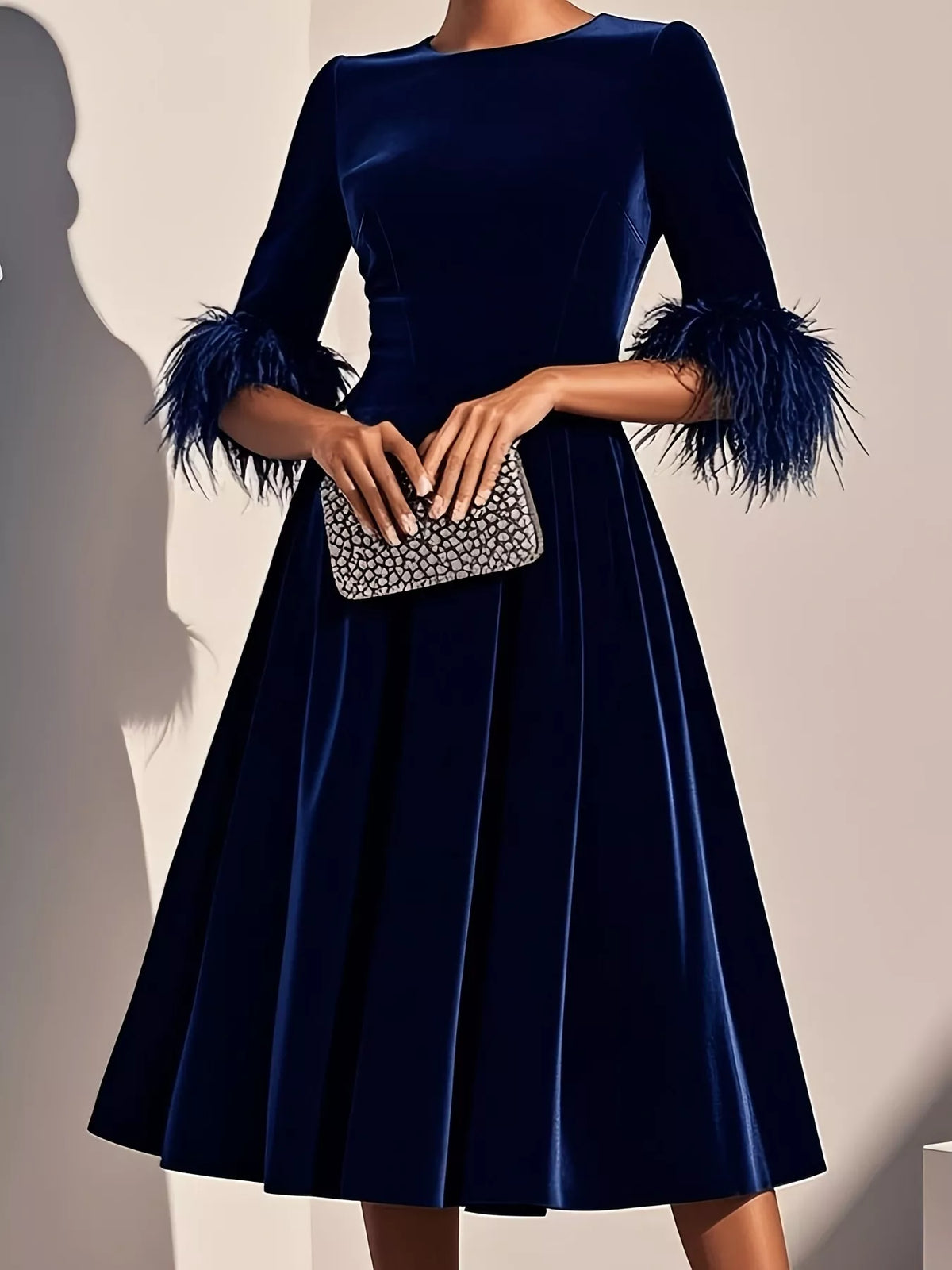 Velvet Midi Dress Feather Cuffs