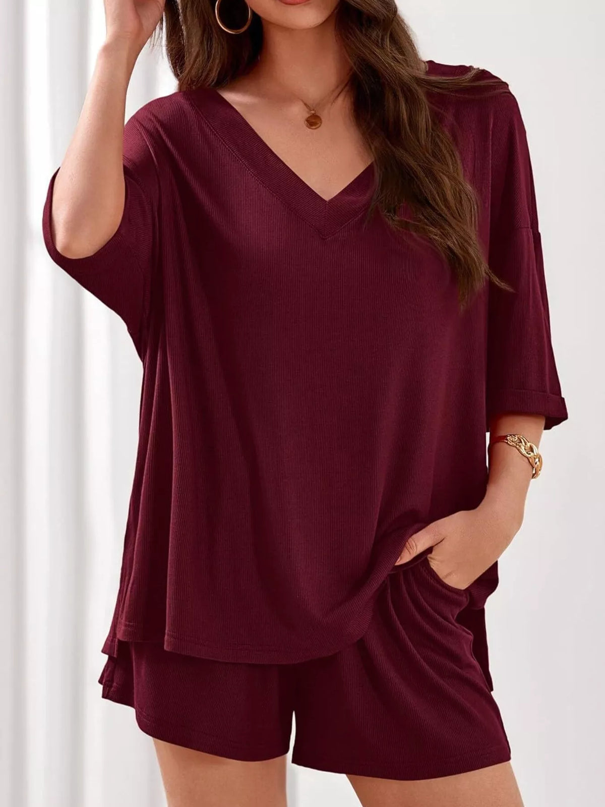Casual Solid Color V-neck Top Shorts Set (17)