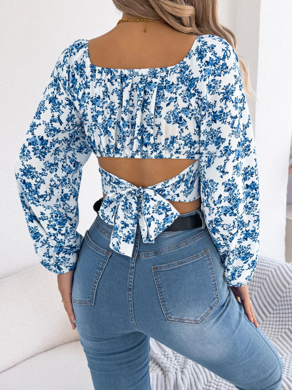 Floral Balloon Sleeve Square Neck Crop Blouse (8)