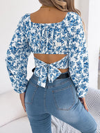Floral Balloon Sleeve Square Neck Crop Blouse (8)