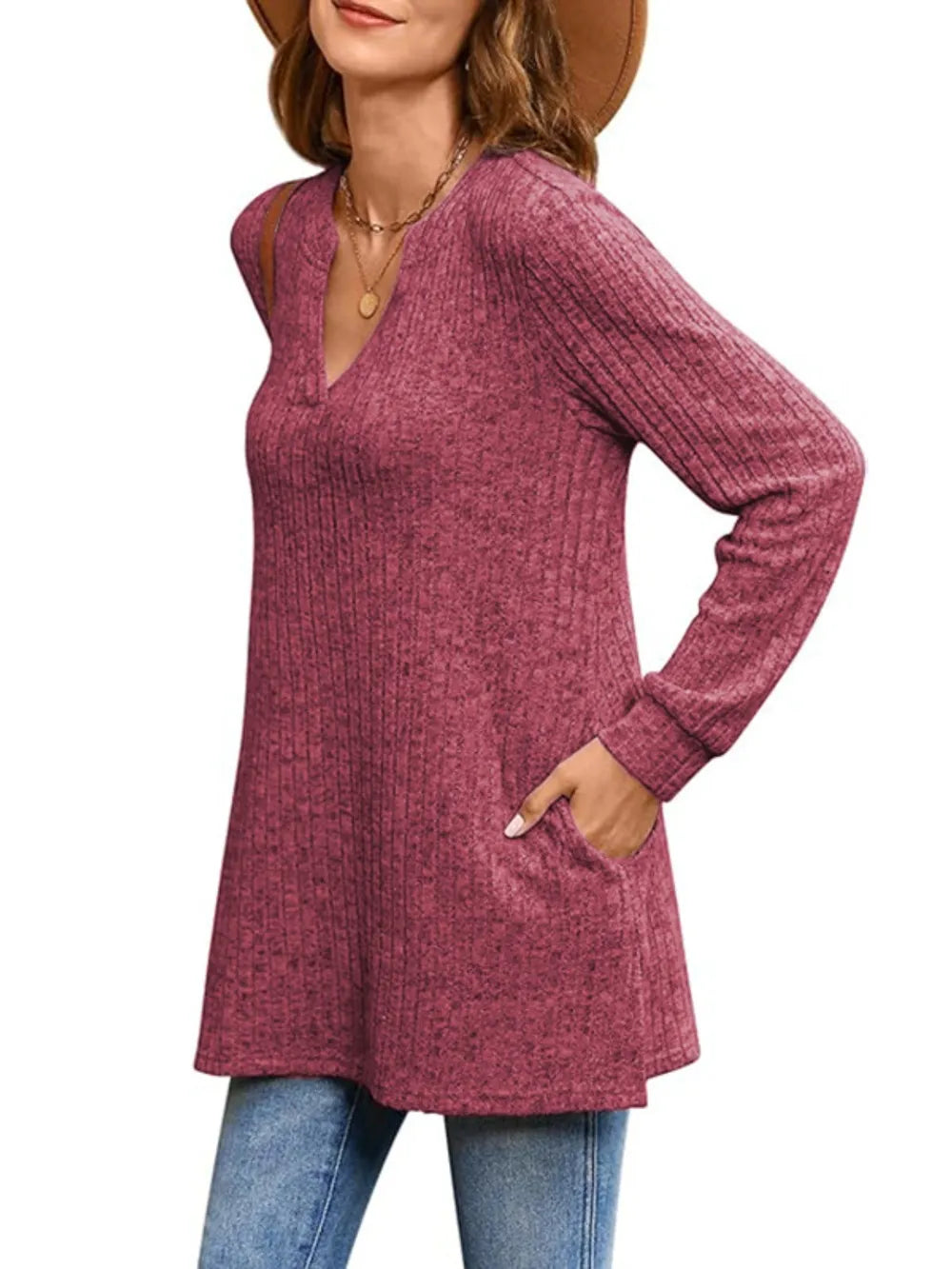 Ribbed Notched Long Sleeve T-shirt (8)