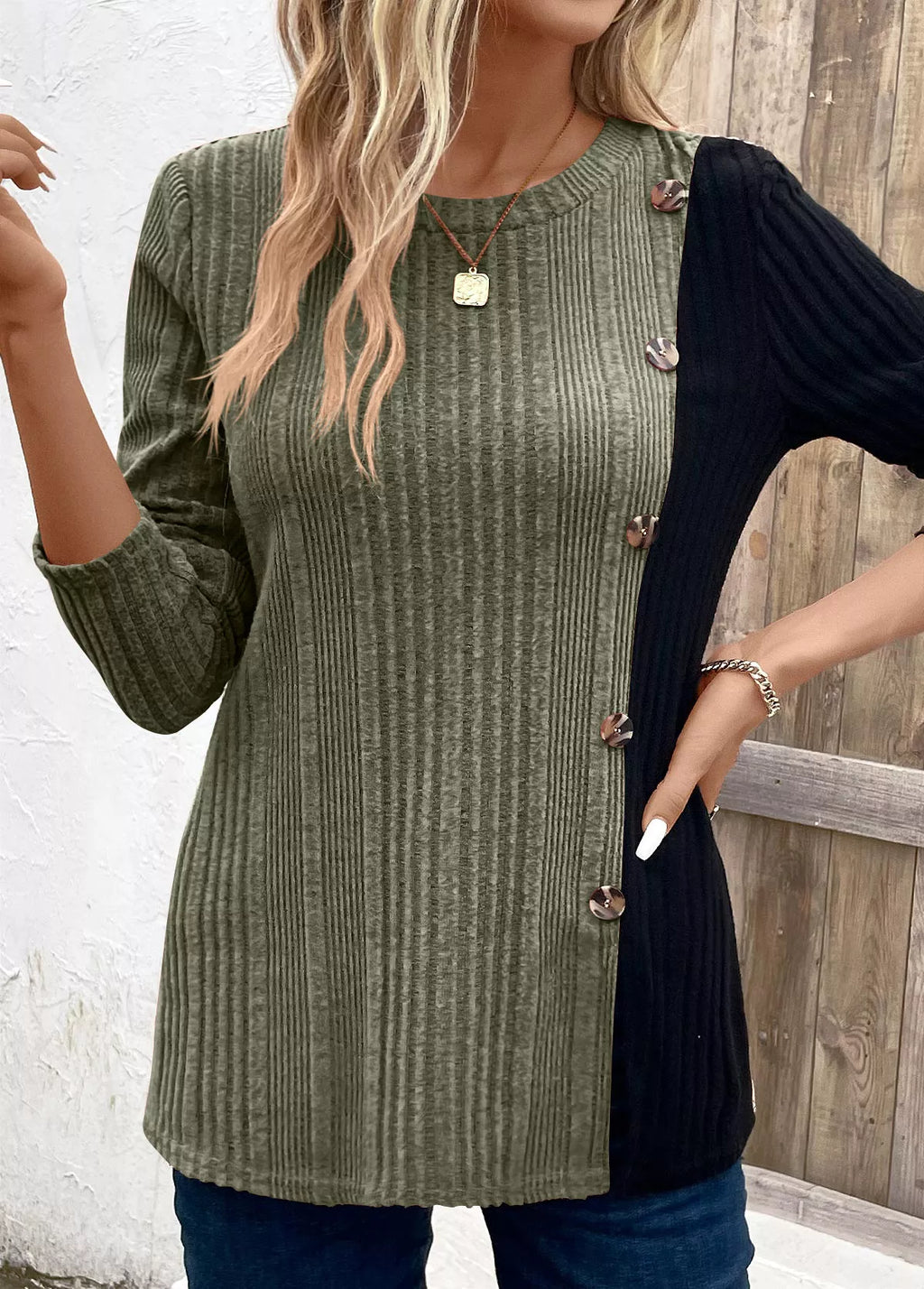 Block Ribbed Knit Decor Button T-shirt (10)