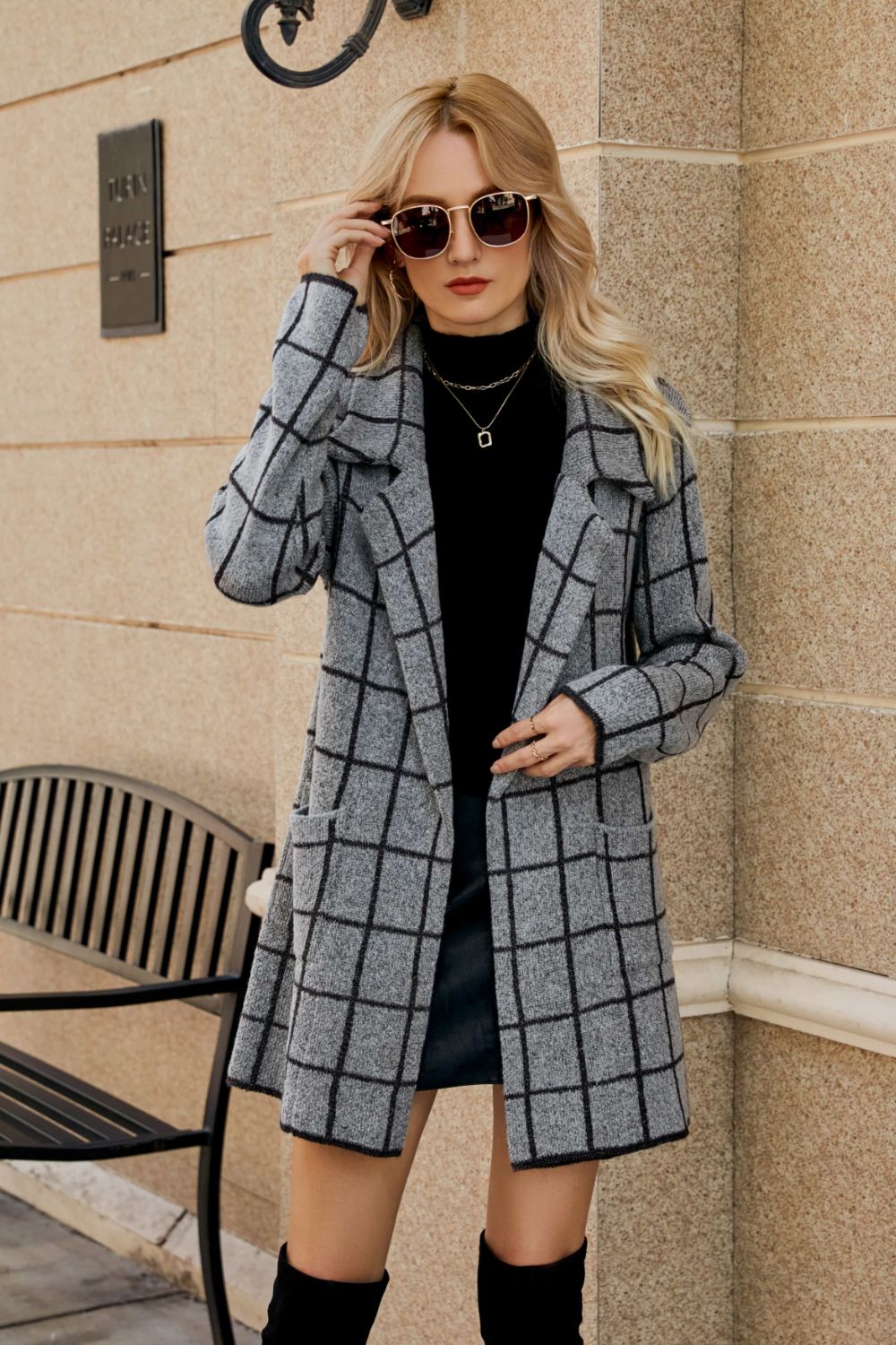 Printed Open Front Lapel Collar Cardigan Pockets