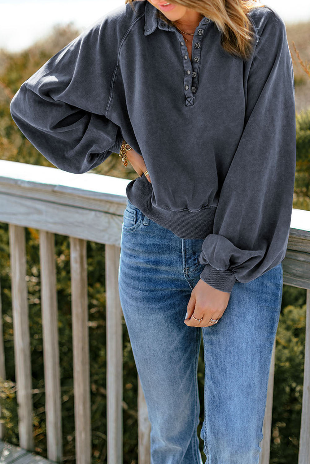 Quarter-snap Collared Lantern Sleeve Sweatshirt (15)