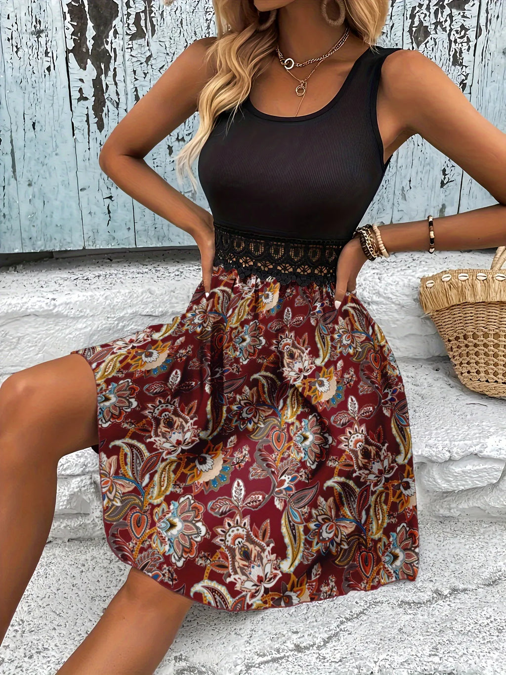 Printed A-line Tank Dress Lace Waist Detail (2)