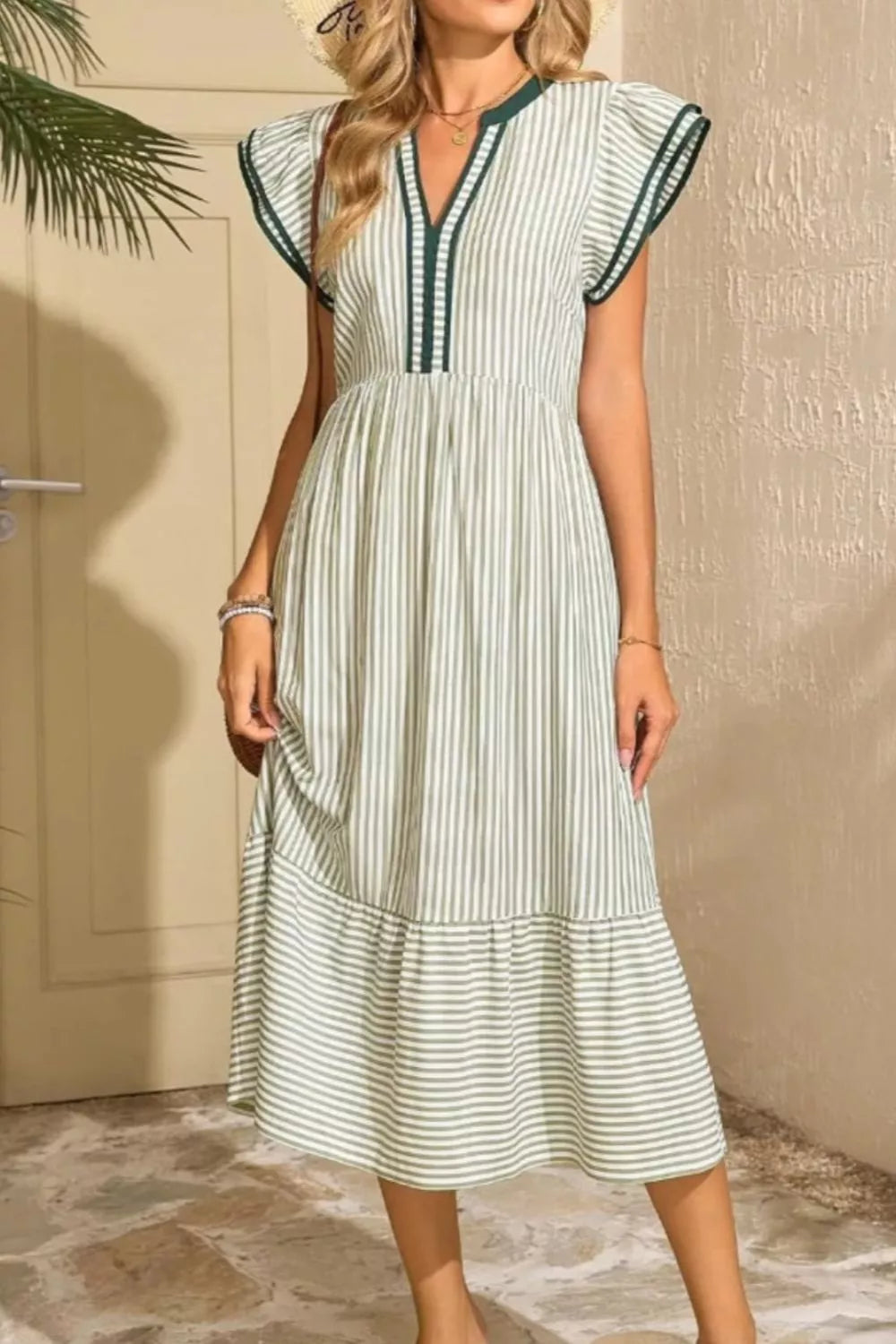 Striped Ruffle Sleeve Midi Dress (4)