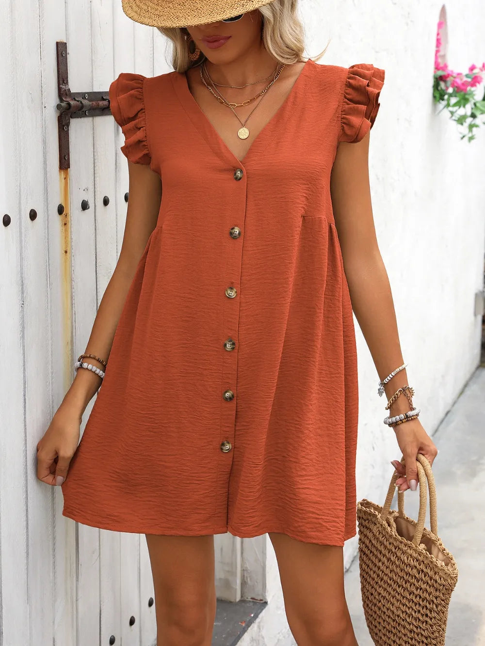 Button Up V-neck Cap Sleeve Mini Dress (2)