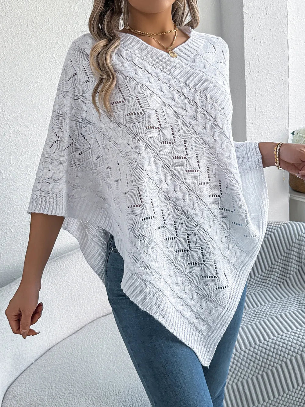 Cable-knit Openwork Three-quarter Sleeve Sweater